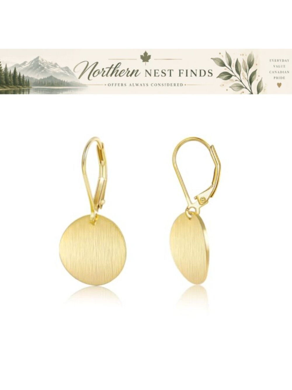 14K Gold Plate Disc Dangle Drop Earrings Stainless Steel Leverback